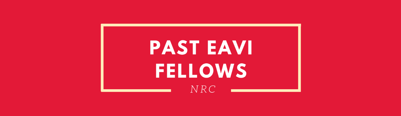 Pinkish red background with 'Past EAVI Fellows: NRC' written in white letters and a cream-colored border surrounding it.
