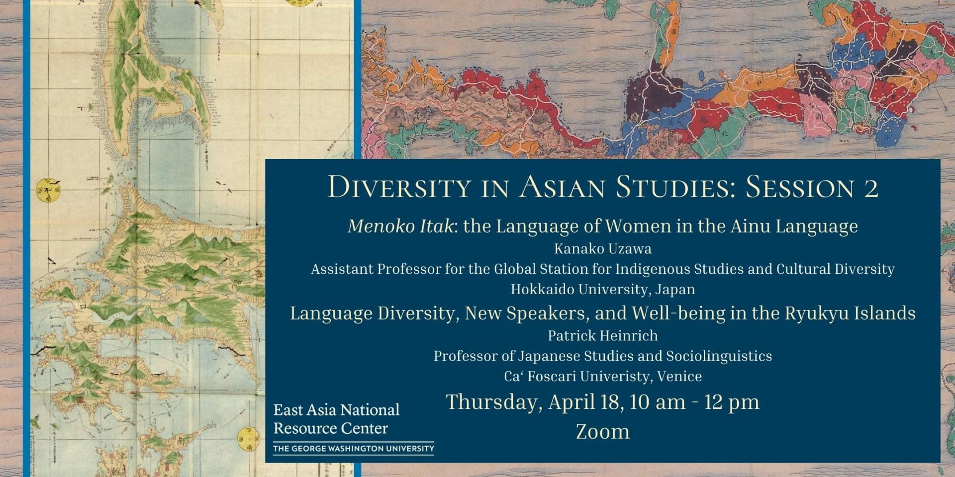 Flyer for Diversity in Asian Studies Session 2 with event information and historic maps of Hokkaido and Okinawa